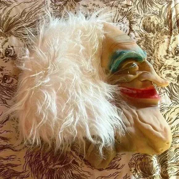 Vintage Halloween Mask Old Man Hag Witch With White Hair Hood Latex Costume 70s - Picture 5 of 9